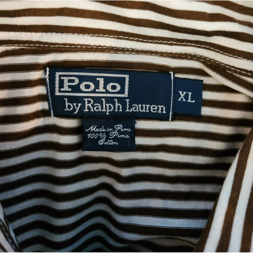 Polo Ralph Lauren Polo Shirt Men's XL Brown White Striped Pima Cotton Pocket